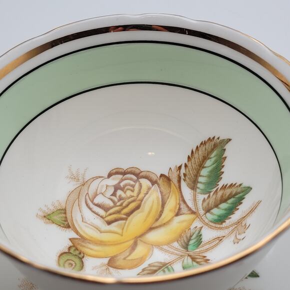 Vintage Victoria C & E Yellow Rose Mint Green Teacup & Saucer Set Bone China - Picture 8 of 9